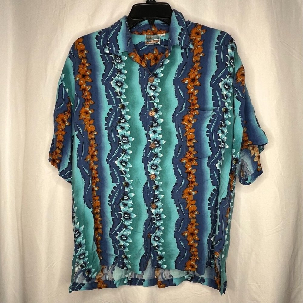 Pineapple Moon Button Down Shirt Men Large Multicolor Hawaiian Lei Floral Rayon
